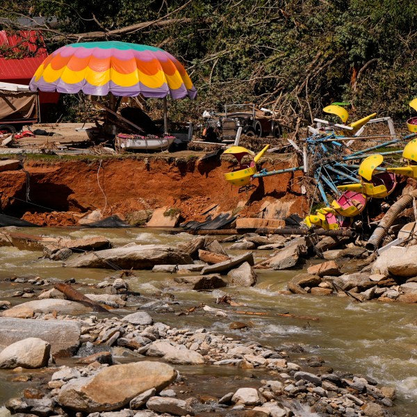 Debris is seen in the aftermath of Hurricane Helene, Wednesday, Oct. 2, 2024, in Chimney Rock Village, N.C. (AP Photo/Mike Stewart)