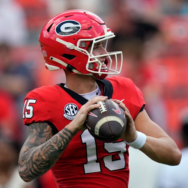 Georgia quarterback Carson Beck warms up before an NCAA college football game against Auburn Saturday, Oct. 5, 2024, in Athens, Ga. (AP Photo/John Bazemore)