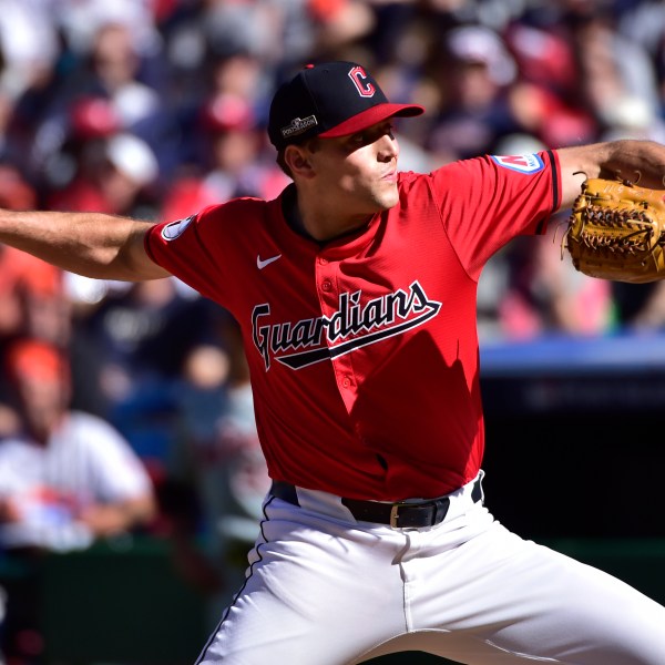 Cleveland Guardians' Cade Smith pitches in the sixth inning during Game 1 of baseball's AL Division Series against the Detroit Tigers, Saturday, Oct. 5, 2024, in Cleveland. (AP Photo/Phil Long)