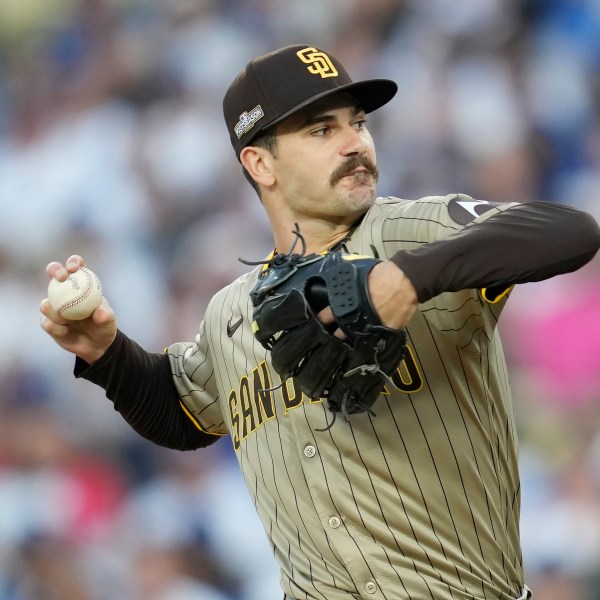 San Diego Padres pitcher Dylan Cease throws to a Los Angeles Dodgers batter during the first inning in Game 1 of baseball's NL Division Series Saturday, Oct. 5, 2024, in Los Angeles. (AP Photo/Ashley Landis)