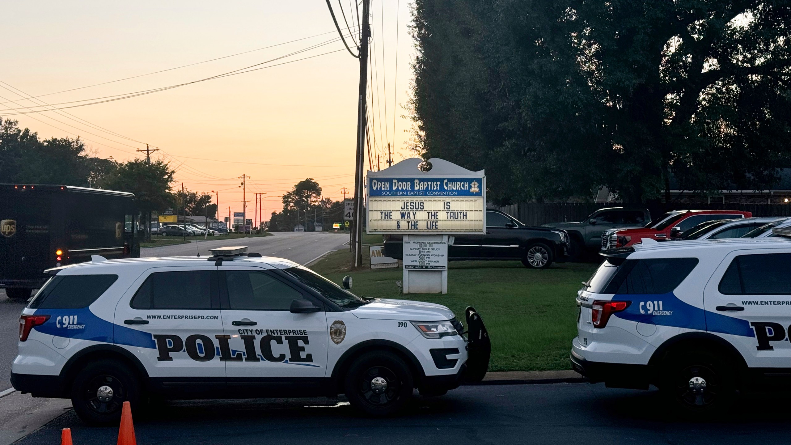 A sign at Open Door Baptist Church, where residents gather to discuss a recent increase in Haitian migrants in the area, is pictured in Enterprise, Ala., Sept. 19, 2024. (AP Photo/Safiyah Riddle)