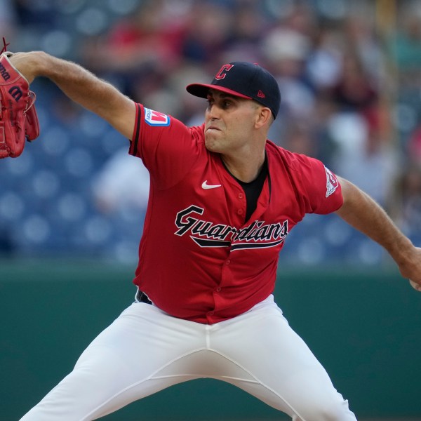 FILE -Cleveland Guardians' Matthew Boyd pitches in the first inning of a baseball game against the Minnesota Twins, Monday, Sept. 16, 2024, in Cleveland. (AP Photo/Sue Ogrocki, File)