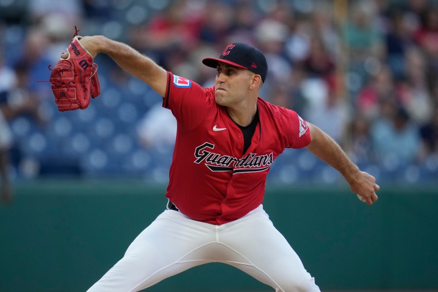 FILE -Cleveland Guardians' Matthew Boyd pitches in the first inning of a baseball game against the Minnesota Twins, Monday, Sept. 16, 2024, in Cleveland. (AP Photo/Sue Ogrocki, File)