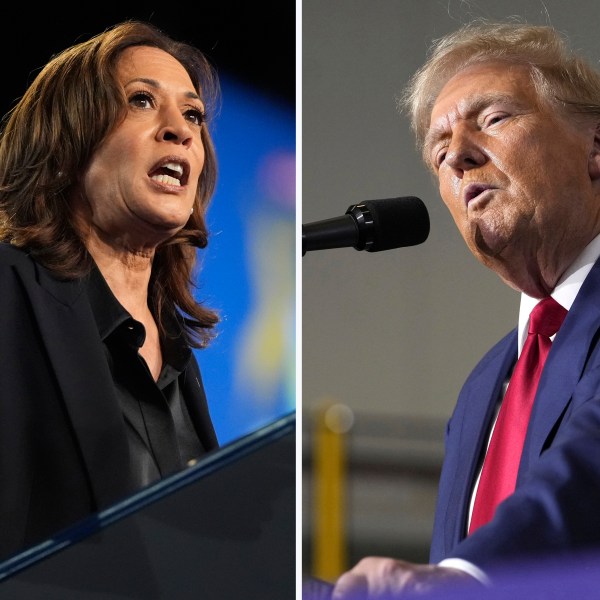 This combination photo shows Democratic presidential nominee Vice President Kamala Harris at a rally in Flint, Mich., Oct. 4, 2024, left, and Republican presidential nominee former President Donald Trump at a campaign rally in Walker, Mich., Sept. 27, 2024. (AP Photo)