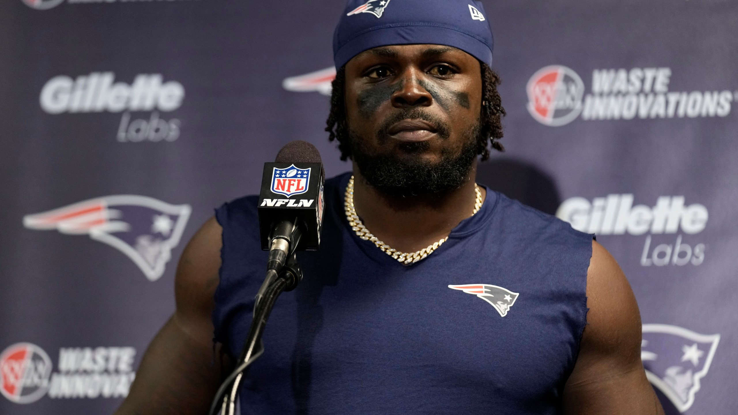 FILE - New England Patriots safety Jabrill Peppers answers questions during a news conference after playing against the New York Jets in an NFL football game, Sept. 19, 2024, in East Rutherford, N.J. (AP Photo/Seth Wenig, file)