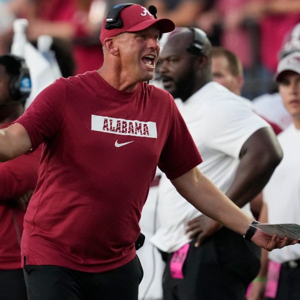 Alabama head coach Kalen DeBoer yells to an official during the second half of an NCAA college football game against Vanderbilt, Saturday, Oct. 5, 2024, in Nashville, Tenn. (AP Photo/George Walker IV)