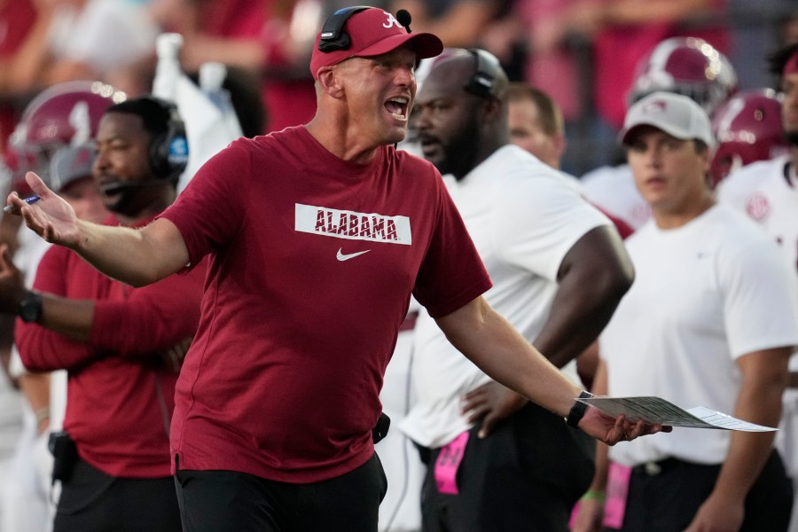 Alabama head coach Kalen DeBoer yells to an official during the second half of an NCAA college football game against Vanderbilt, Saturday, Oct. 5, 2024, in Nashville, Tenn. (AP Photo/George Walker IV)