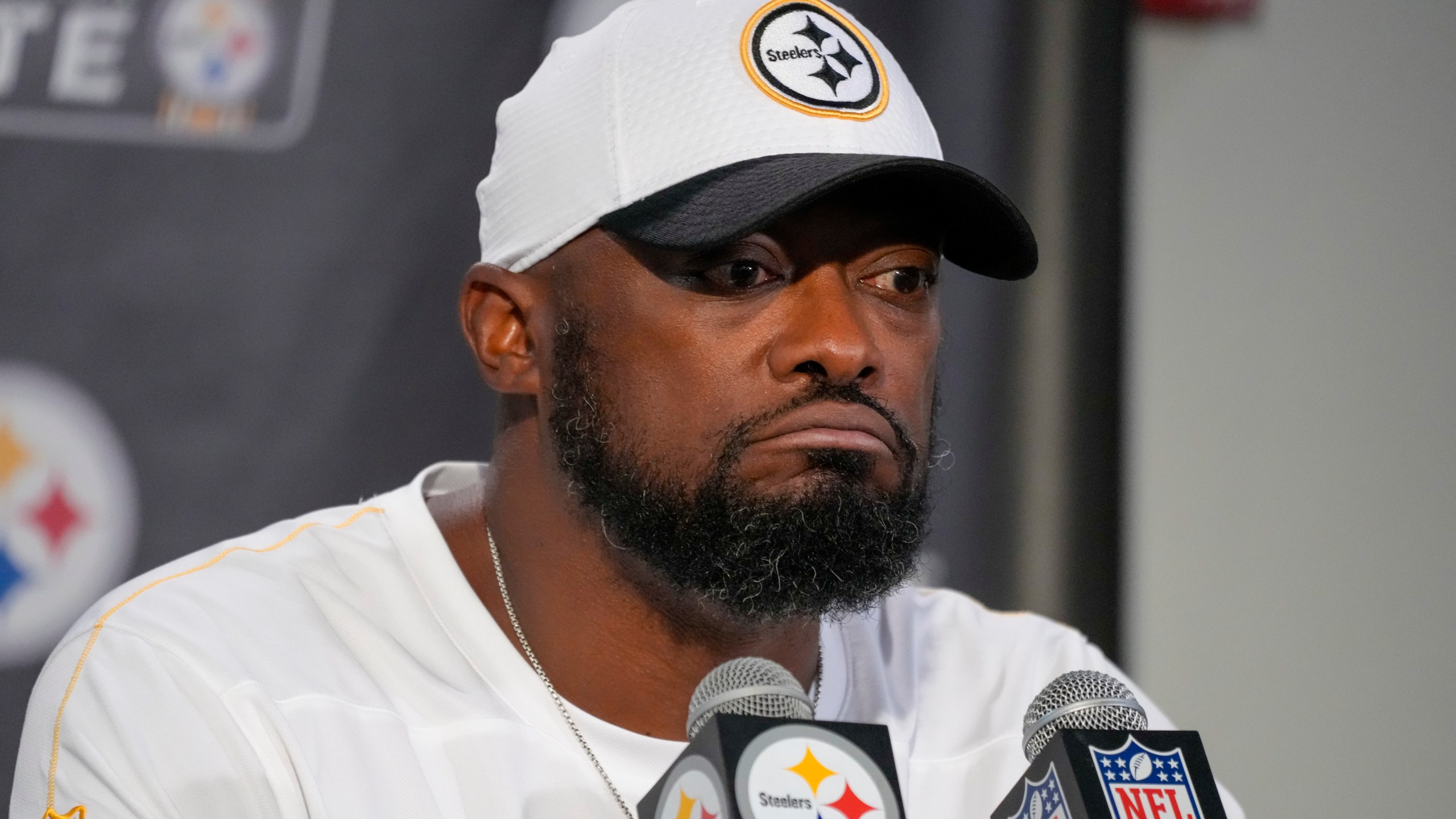 Pittsburgh Steelers head coach Mike Tomlin talks to reporters following an NFL football game against the Dallas Cowboys, early Monday, Oct. 7, 2024, in Pittsburgh. The Cowboys won 20-17. (AP Photo/Gene J. Puskar)