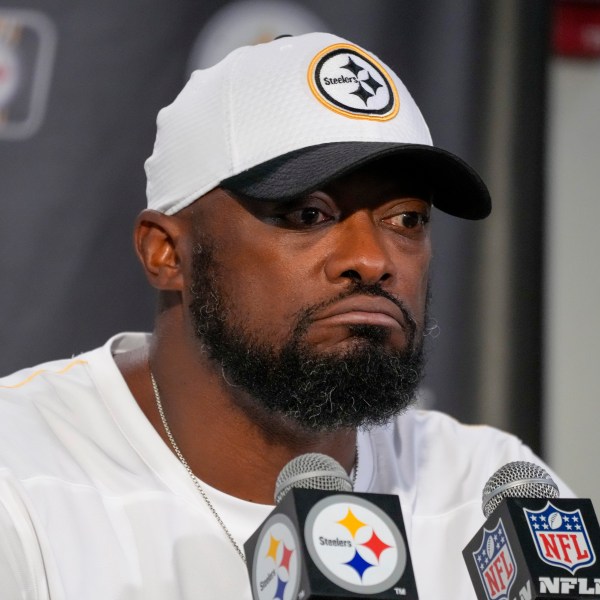 Pittsburgh Steelers head coach Mike Tomlin talks to reporters following an NFL football game against the Dallas Cowboys, early Monday, Oct. 7, 2024, in Pittsburgh. The Cowboys won 20-17. (AP Photo/Gene J. Puskar)