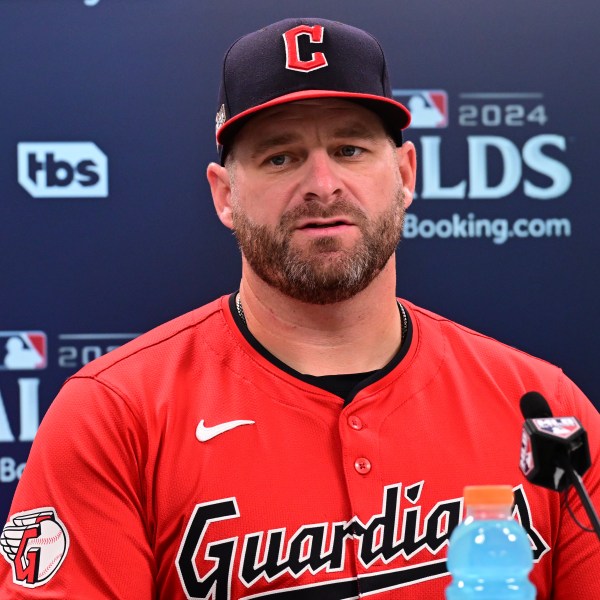 Cleveland Guardians manager Stephen Vogt speaks during a news conference following Game 1 of baseball's AL Division Series between the Detroit Tigers and the Cleveland Guardians, Saturday, Oct. 5, 2024, in Cleveland. (AP Photo/David Dermer)