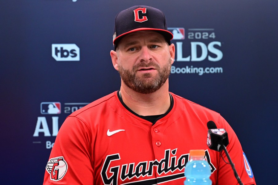 Cleveland Guardians manager Stephen Vogt speaks during a news conference following Game 1 of baseball's AL Division Series between the Detroit Tigers and the Cleveland Guardians, Saturday, Oct. 5, 2024, in Cleveland. (AP Photo/David Dermer)