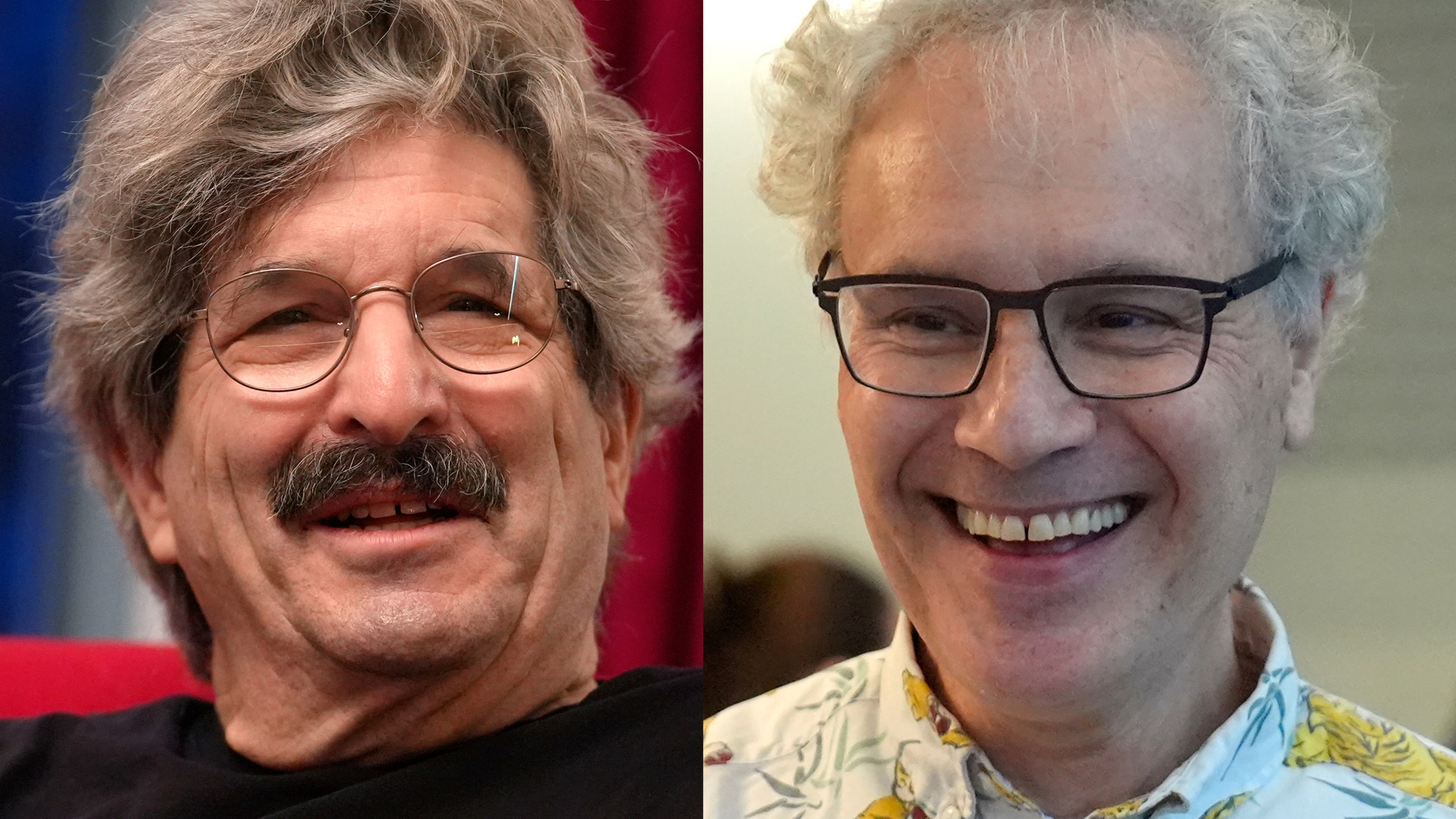 This photo combo shows 2024 Nobel Prize winners in physiology or medicine Gary Ruvkun, American molecular biologist, left, and Victor Ambros, professor of natural science at the University of Massachusetts Medical School, Monday, Oct. 7, 2024, in Newton, Mass. (AP Photo/Steven Senne)