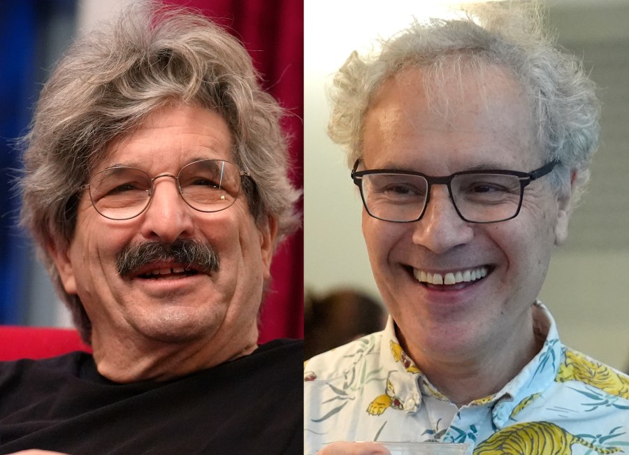 This photo combo shows 2024 Nobel Prize winners in physiology or medicine Gary Ruvkun, American molecular biologist, left, and Victor Ambros, professor of natural science at the University of Massachusetts Medical School, Monday, Oct. 7, 2024, in Newton, Mass. (AP Photo/Steven Senne)