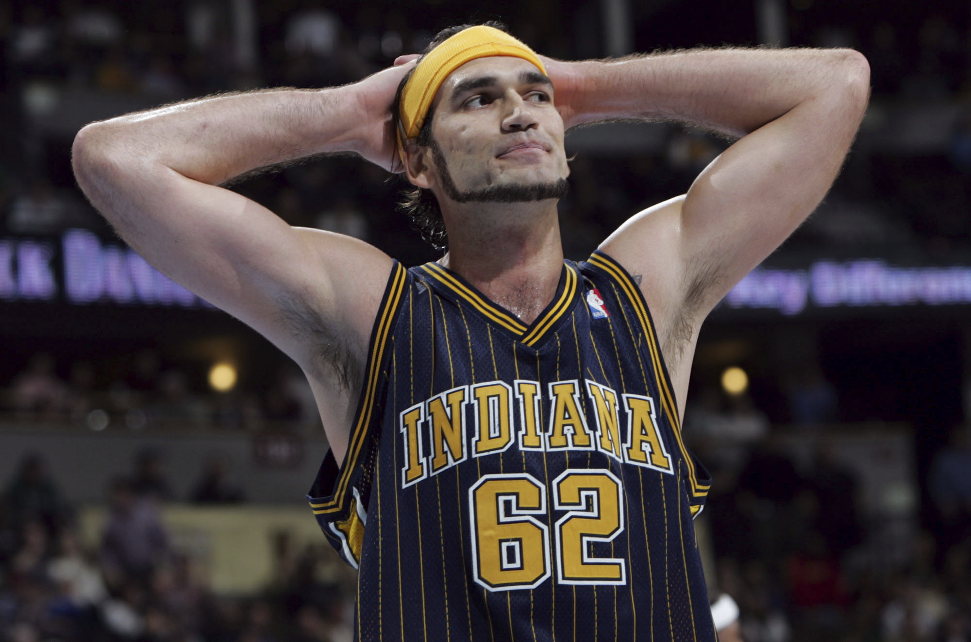 FILE - Indiana Pacers center Scot Pollard reacts as time runs out in the Pacers' loss to the Nuggets in Denver, Thursday, March 3, 2005. (AP Photo/David Zalubowski, File)