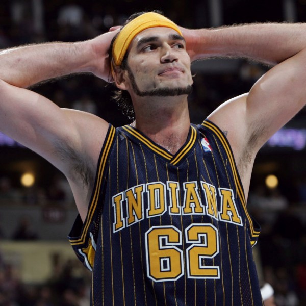 FILE - Indiana Pacers center Scot Pollard reacts as time runs out in the Pacers' loss to the Nuggets in Denver, Thursday, March 3, 2005. (AP Photo/David Zalubowski, File)