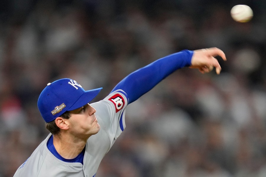 Kansas City Royals pitcher Cole Ragans delivers against the New York Yankees during the first inning of Game 2 of the American League baseball playoff series, Monday, Oct. 7, 2024, in New York. (AP Photo/Seth Wenig)