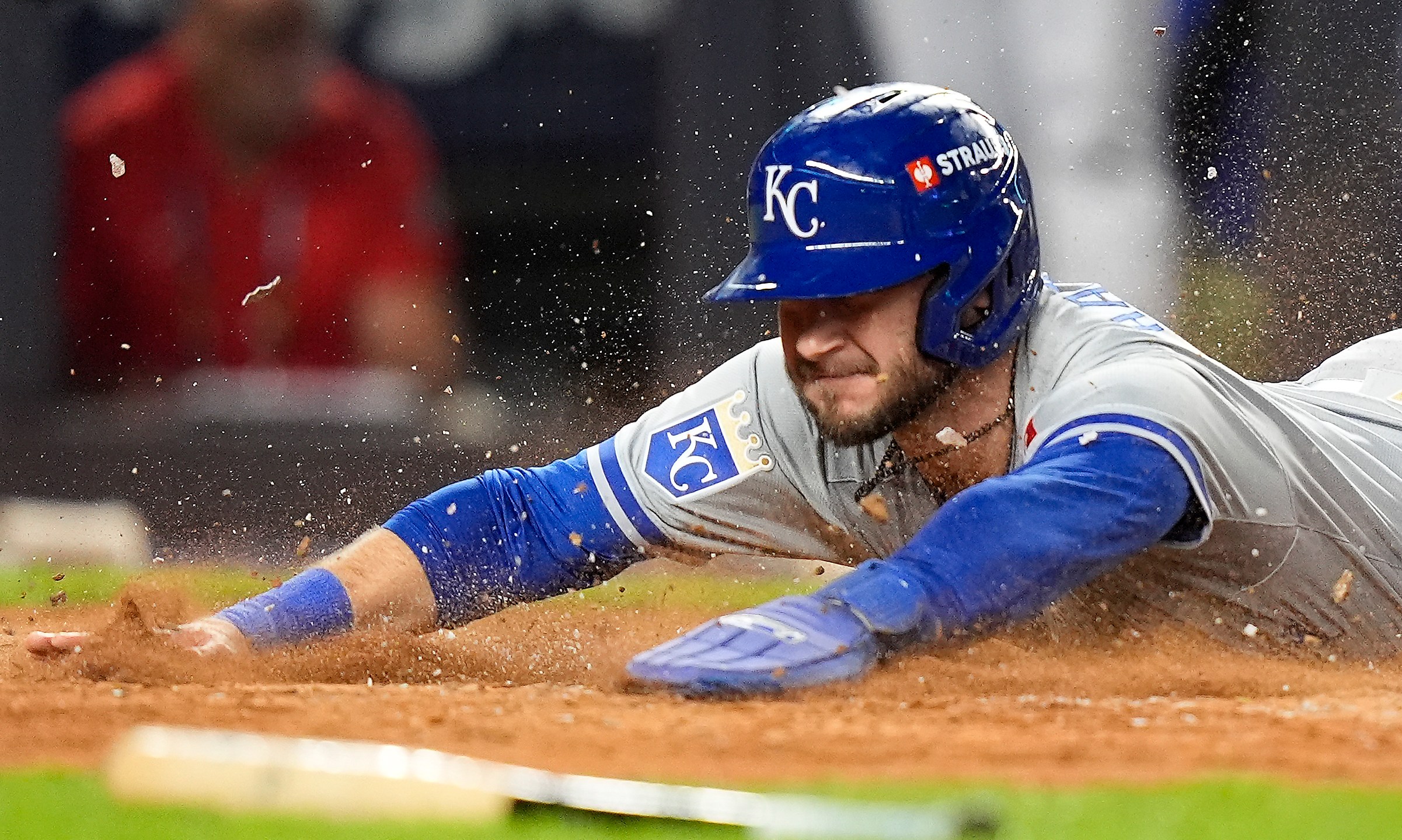 Kansas City Royals Garrett Hampson (2) scores on a hit against the New York Yankees during the fourth inning of Game 2 of the American League baseball playoff series, Monday, Oct. 7, 2024, in New York. (AP Photo/Frank Franklin II)