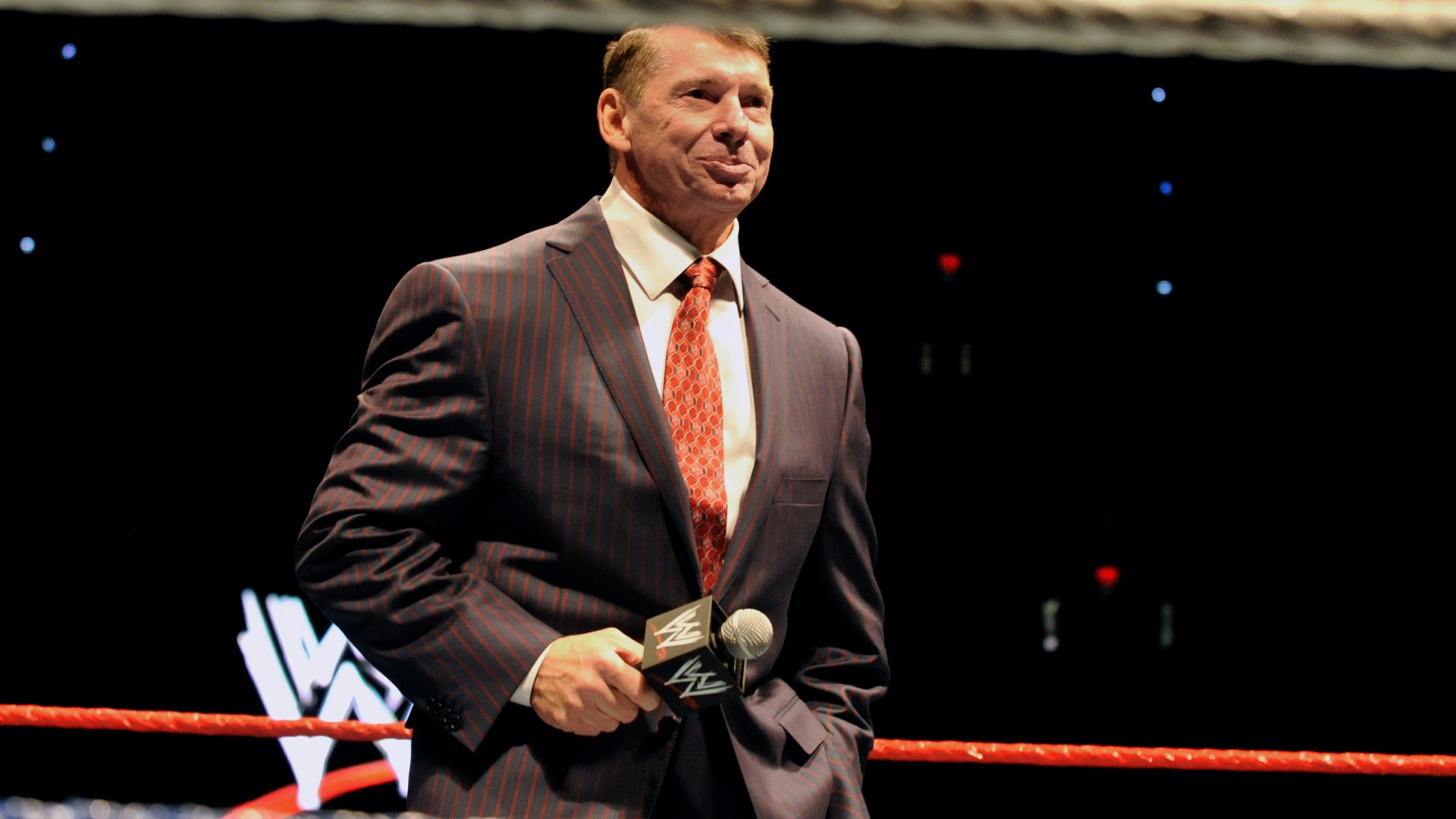 FILE - WWE chairman and CEO Vince McMahon speaks to an audience during a WWE fan appreciation event, Oct. 30, 2010, in Hartford, Conn. (AP Photo/Jessica Hill, File)