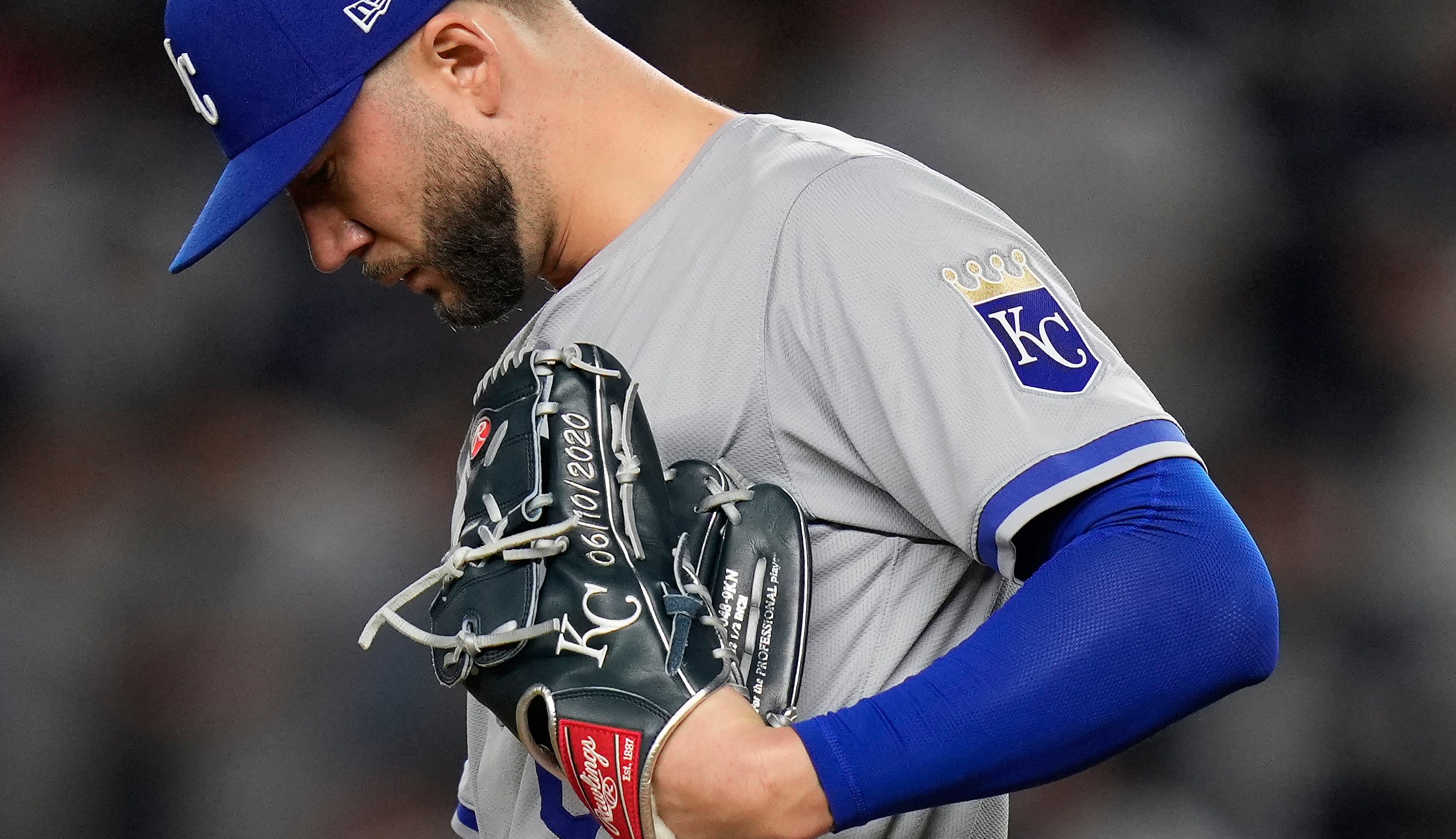 The date 06/10/2020 is displayed on Kansas City Royals pitcher Lucas Erceg's (60) glove during the ninth inning of Game 2 of the American League baseball playoff series against the New York Yankees, Monday, Oct. 7, 2024, in New York. (AP Photo/Seth Wenig)