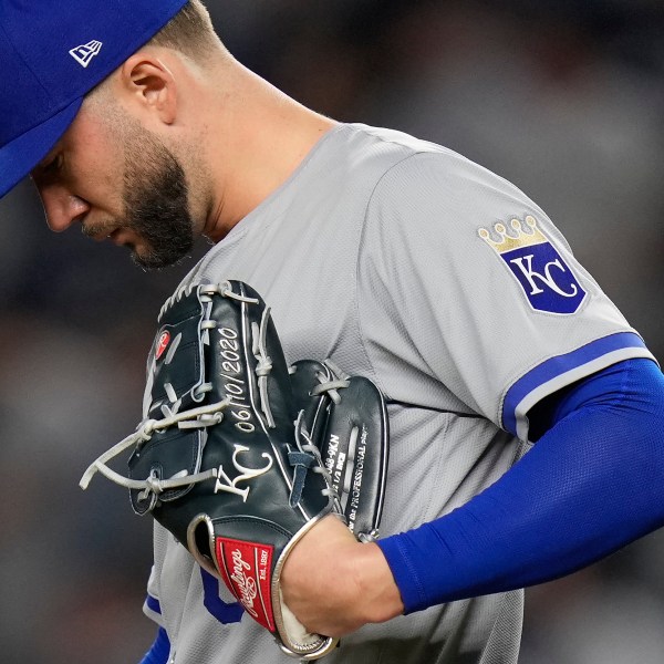 The date 06/10/2020 is displayed on Kansas City Royals pitcher Lucas Erceg's (60) glove during the ninth inning of Game 2 of the American League baseball playoff series against the New York Yankees, Monday, Oct. 7, 2024, in New York. (AP Photo/Seth Wenig)