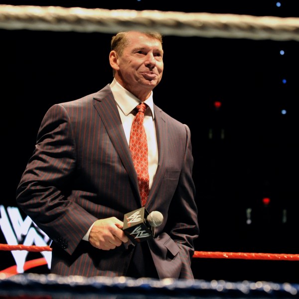 FILE - WWE chairman and CEO Vince McMahon speaks to an audience during a WWE fan appreciation event, Oct. 30, 2010, in Hartford, Conn. (AP Photo/Jessica Hill, File)