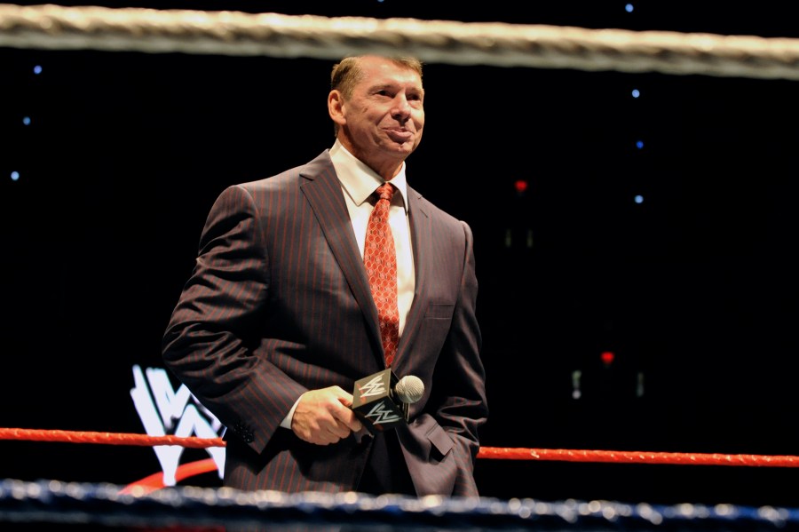 FILE - WWE chairman and CEO Vince McMahon speaks to an audience during a WWE fan appreciation event, Oct. 30, 2010, in Hartford, Conn. (AP Photo/Jessica Hill, File)