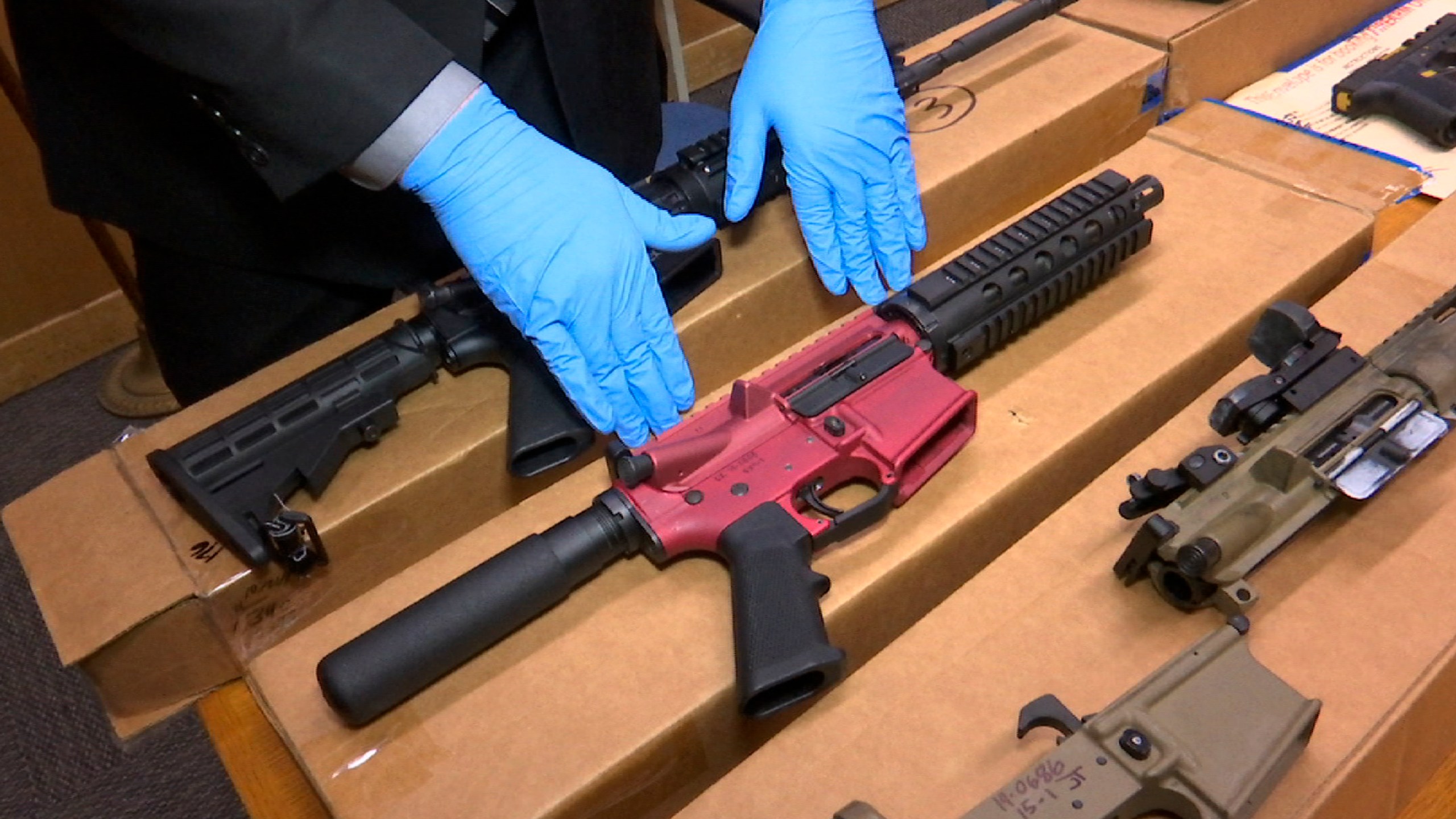 FILE — Ghost guns are displayed at the headquarters of the San Francisco Police Department, in San Francisco, Nov. 27, 2019. (AP Photo/Haven Daley, File)