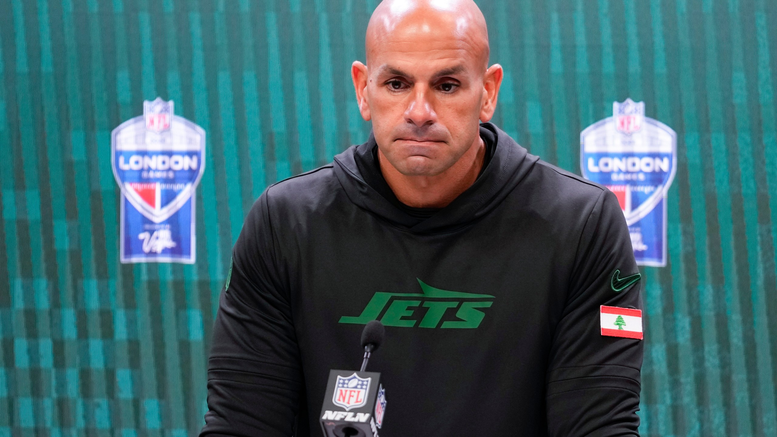 FILE - New York Jets head coach Robert Saleh talks to reporters after an NFL football game against the Minnesota Vikings, Sunday, Oct. 6, 2024, at the Tottenham Hotspur stadium in London. (AP Photo/Kirsty Wigglesworth, File)