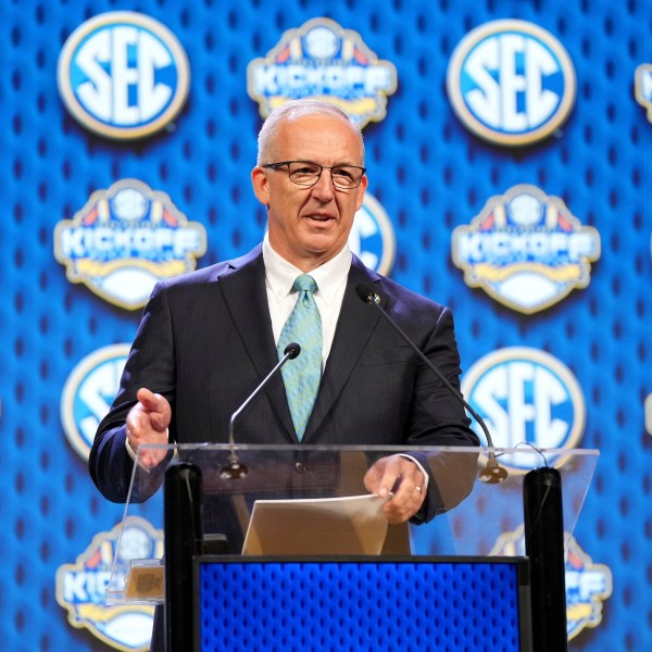 FILE - Southeastern Conference commissioner Greg Sankey speaks during SEC NCAA college football media days, July 15, 2024, in Dallas. (AP Photo/Jeffrey McWhorter, File)