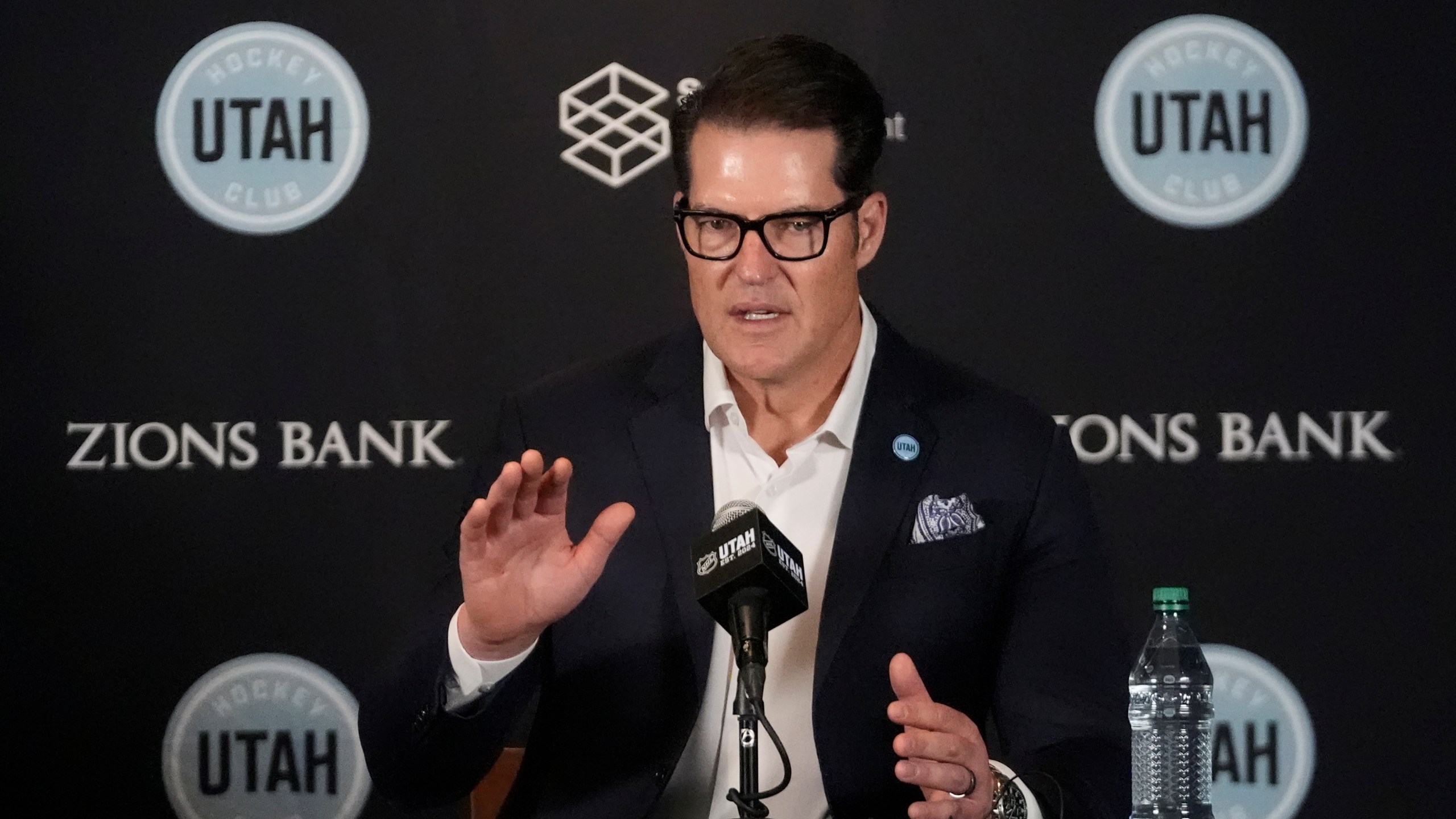 Utah Hockey Club general manager Bill Armstrong speaks during media day, Sept. 18, 2024, in Salt Lake City. (AP Photo/Rick Bowmer)