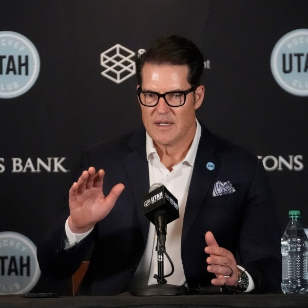 Utah Hockey Club general manager Bill Armstrong speaks during media day, Sept. 18, 2024, in Salt Lake City. (AP Photo/Rick Bowmer)