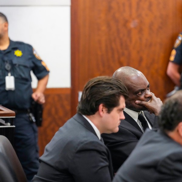 Former Houston Police officer Gerald Gaines listens to closing arguments in the punishment phase of his felony murder trial on Monday, Oct. 7, 2024 in Houston. Goines was found guilty of felony murder in the 2019 deaths of Dennis Tuttle and Rhogena Nicholas. (Brett Coomer/Houston Chronicle via AP)