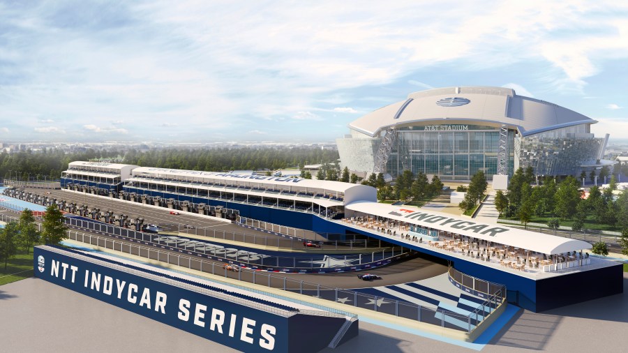 This artists rendering provided by IndyCar shows a race car passing stands for spectators during an IndyCar race near AT&T Stadium in Arlington, Texas. (IndyCar via AP )