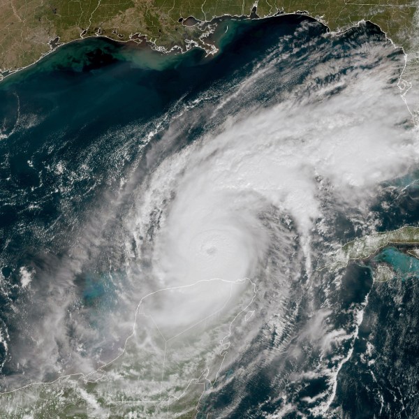 This GOES-16 GeoColor satellite image taken at 12:15 p.m. EDT and provided by National Oceanic and Atmospheric Administration (NOAA) shows Hurricane Milton in the Gulf of Mexico, off the coast off Mexico’s Yucatan Peninsula Tuesday, Oct. 8, 2024. (NOAA via AP)