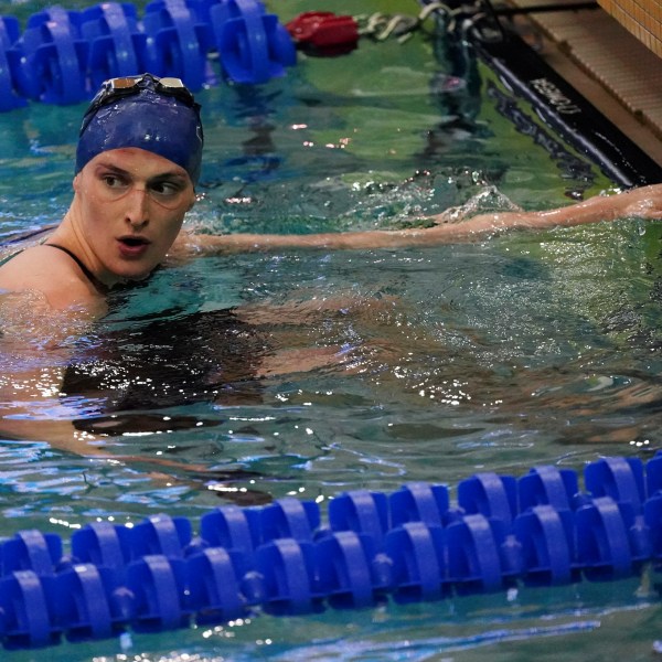 FILE - Pennsylvania's Lia Thomas waits for results after swimming the women's 200 freestyle final at the NCAA swimming and diving championships Friday, March 18, 2022, at Georgia Tech in Atlanta. (AP Photo/John Bazemore, File)