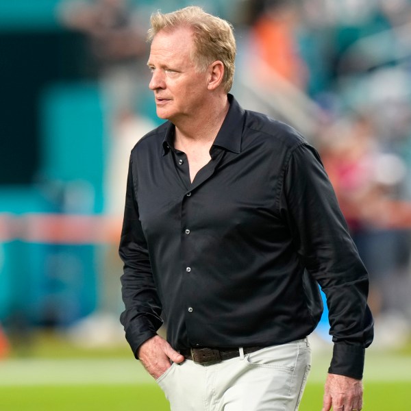 FILE - NFL Commissioner Roger Goodell walks on the field before an NFL football game between the Miami Dolphins and the Buffalo Bills, Sept. 12, 2024, in Miami Gardens, Fla. (AP Photo/Lynne Sladky, File)