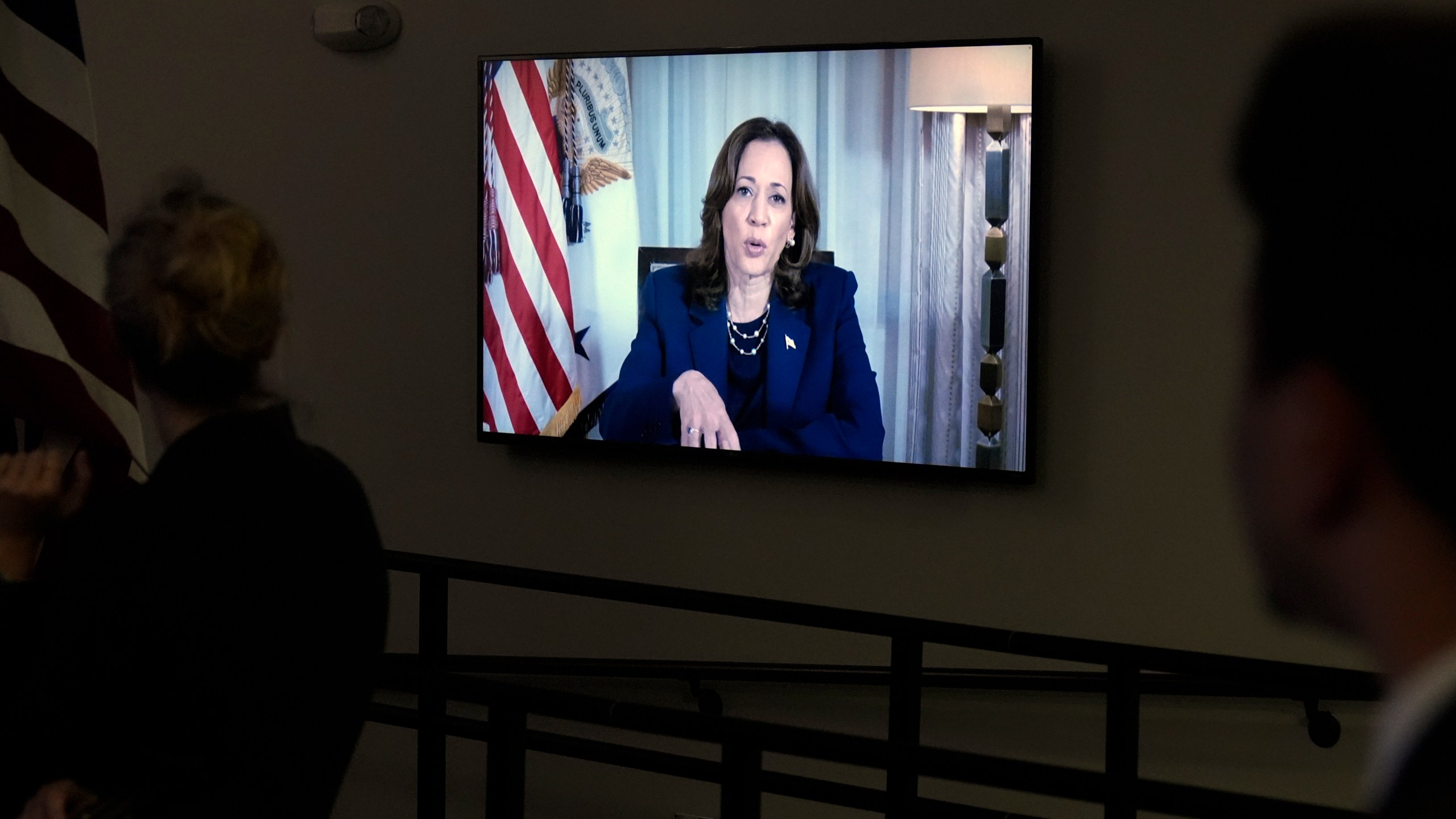 Vice President Kamala Harris speaks virtually, during a briefing with President Joe Biden and Elizabeth Sherwood-Randall, Homeland Security Advisor to the President, not shown, on the preparations for Hurricane Milton and the response to Hurricane Helene in the South Court Auditorium on the White House complex in Washington, Wednesday, Oct. 9, 2024. (AP Photo/Mark Schiefelbein)