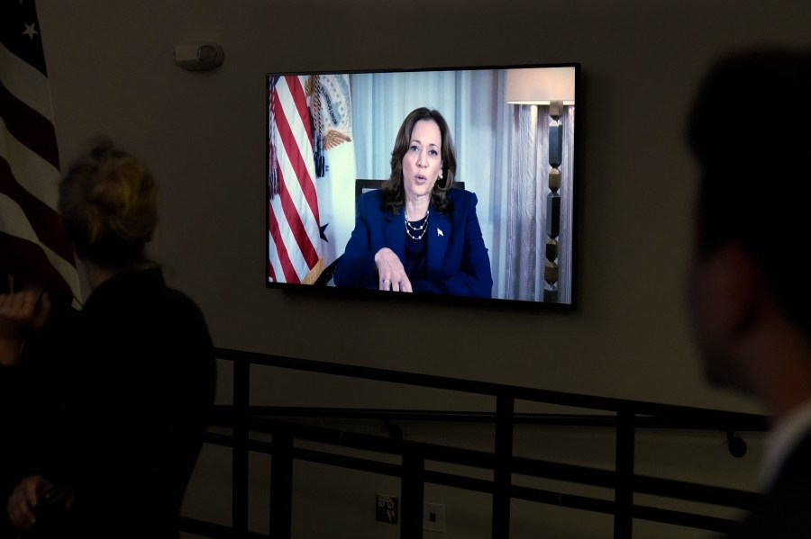 Vice President Kamala Harris speaks virtually, during a briefing with President Joe Biden and Elizabeth Sherwood-Randall, Homeland Security Advisor to the President, not shown, on the preparations for Hurricane Milton and the response to Hurricane Helene in the South Court Auditorium on the White House complex in Washington, Wednesday, Oct. 9, 2024. (AP Photo/Mark Schiefelbein)