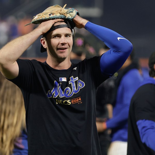 New York Mets first baseman Pete Alonso celebrates after the Mets defeated the Philadelphia Phillies in Game 4 of the National League baseball playoff series, Wednesday, Oct. 9, 2024, in New York. (AP Photo/Adam Hunger)