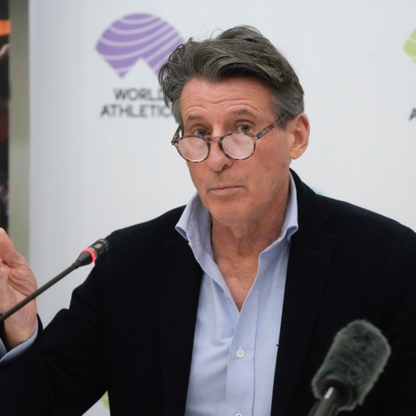 FILE - World Athletics President Sebastian Coe holds a press conference at the conclusion of the World Athletics meeting at the Italian National Olympic Committee, headquarters in Rome, Nov. 30, 2022. (AP Photo/Gregorio Borgia, File)