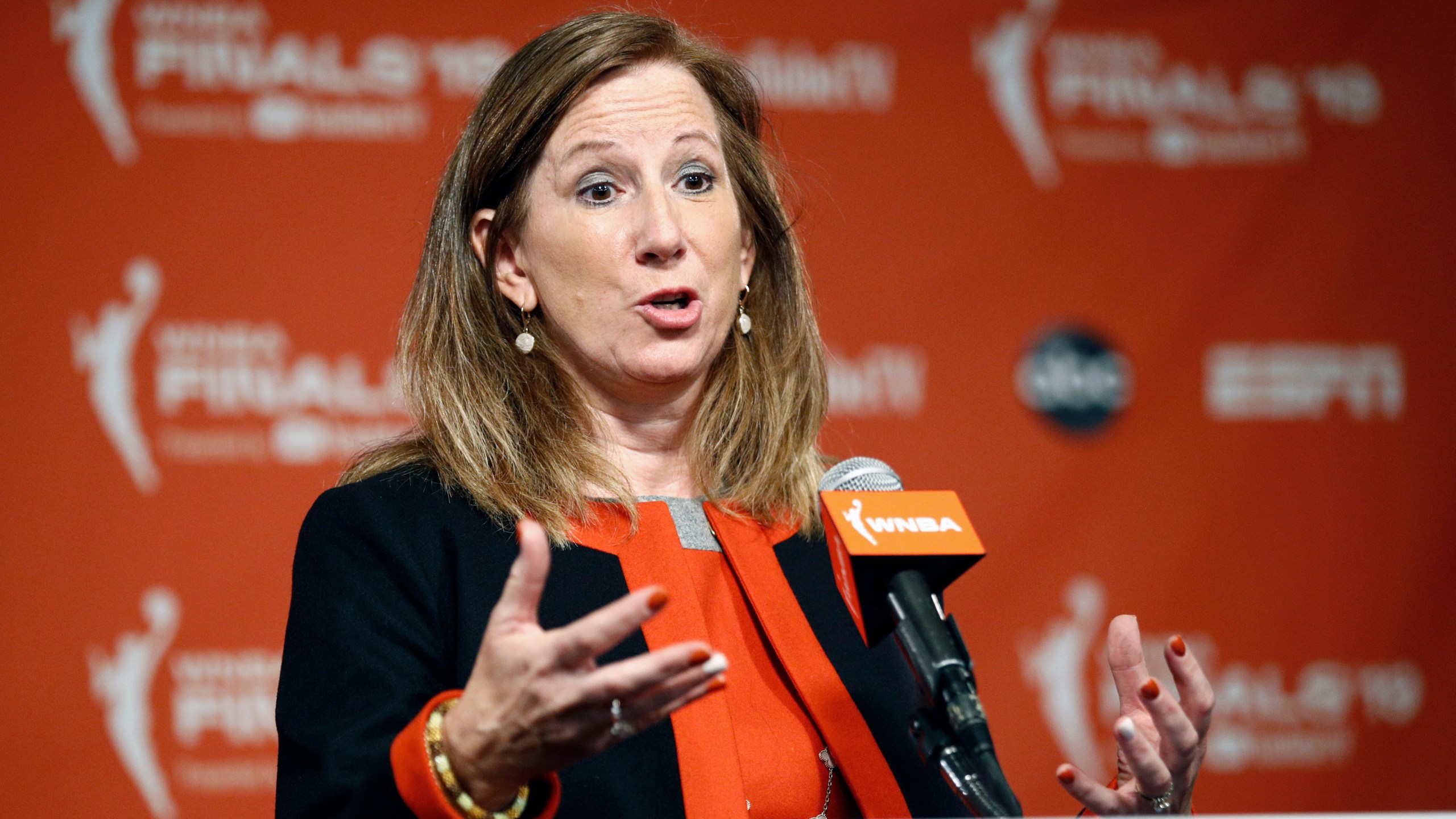 FILE - WNBA Commissioner Cathy Engelbert speaks at a news conference before Game 1 of basketball's WNBA Finals between the Connecticut Sun and the Washington Mystics, Sunday, Sept. 29, 2019, in Washington. The WNBA will expand its Finals next year to a best-of-7 format the league announced on Thursday, Oct. 10, 2024. (AP Photo/Patrick Semansky, File)