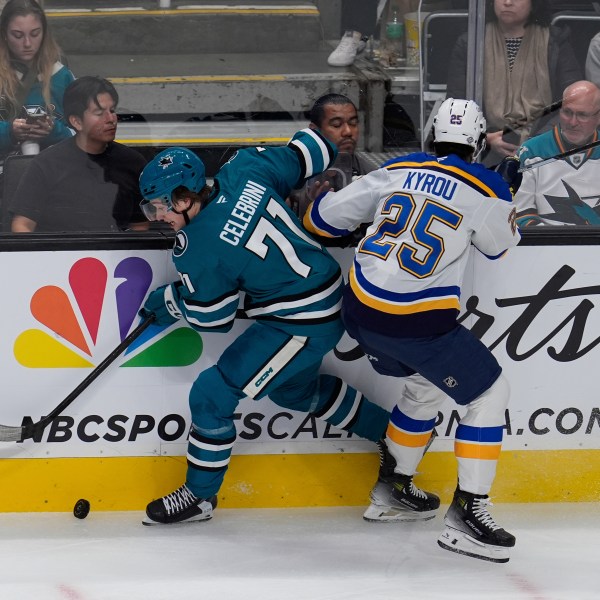 San Jose Sharks center Macklin Celebrini, left, and St. Louis Blues center Jordan Kyrou (25) complete for possession of the puck during the first period of an NHL hockey game Thursday, Oct. 10, 2024, in San Jose, Calif. (AP Photo/Godofredo A. Vásquez)