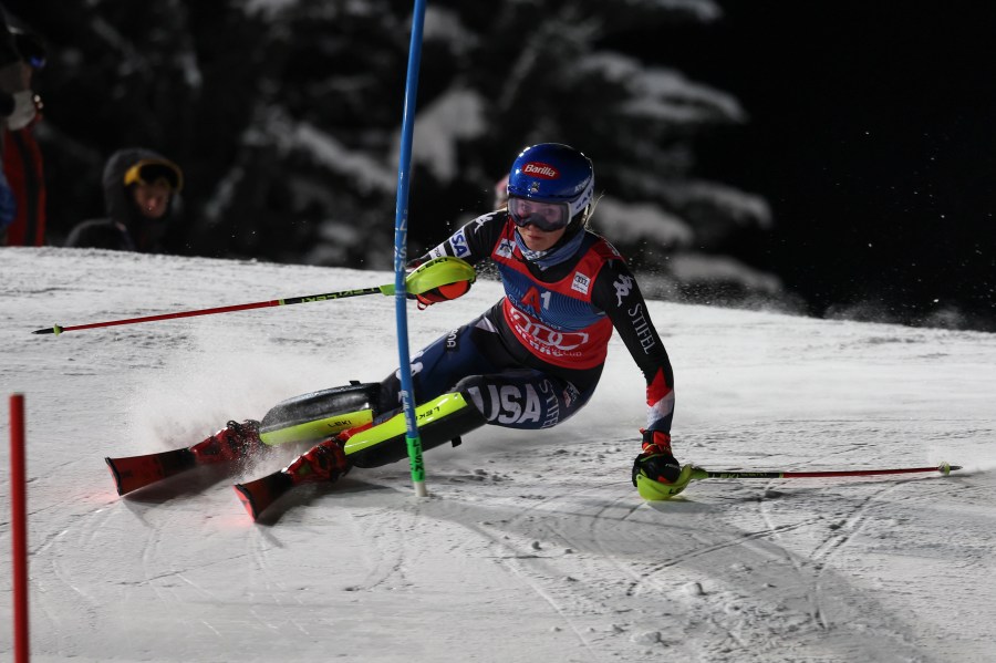 FILE - United States' Mikaela Shiffrin competes during an alpine ski, women's World Cup slalom in Flachau, Austria, on Jan.16, 2024. American ski star Mikaela Shiffrin won’t race downhills in the upcoming World Cup season in which she aims for her 100th career win. (AP Photo/Giovanni Auletta, File)