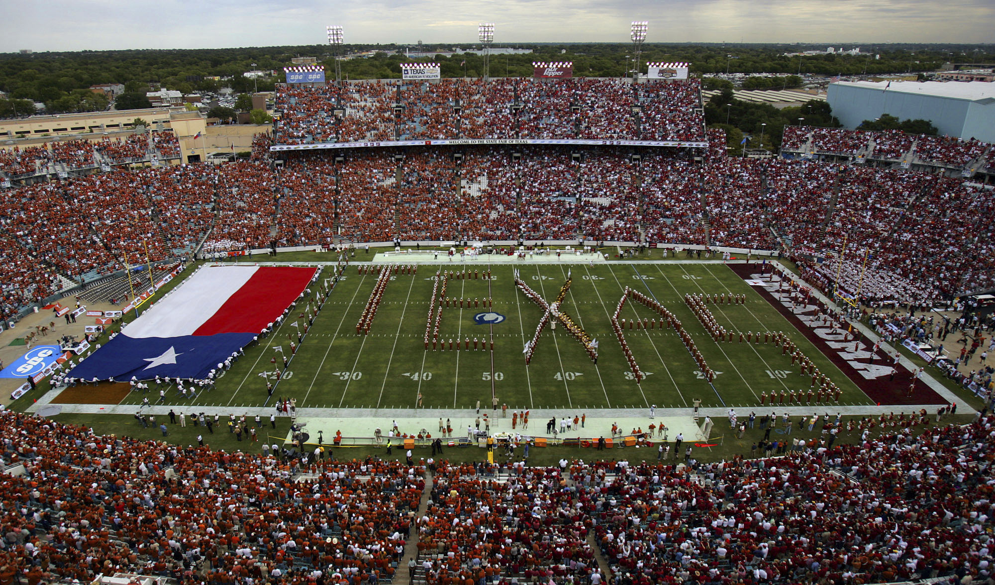 FILE - The Cotton Bowl is shown on the 100th match-up of Texas and Oklahoma in an NCAA college football game in Dallas, Saturday, Oct. 10 , 2005. (AP Photo/LM Otero, File)