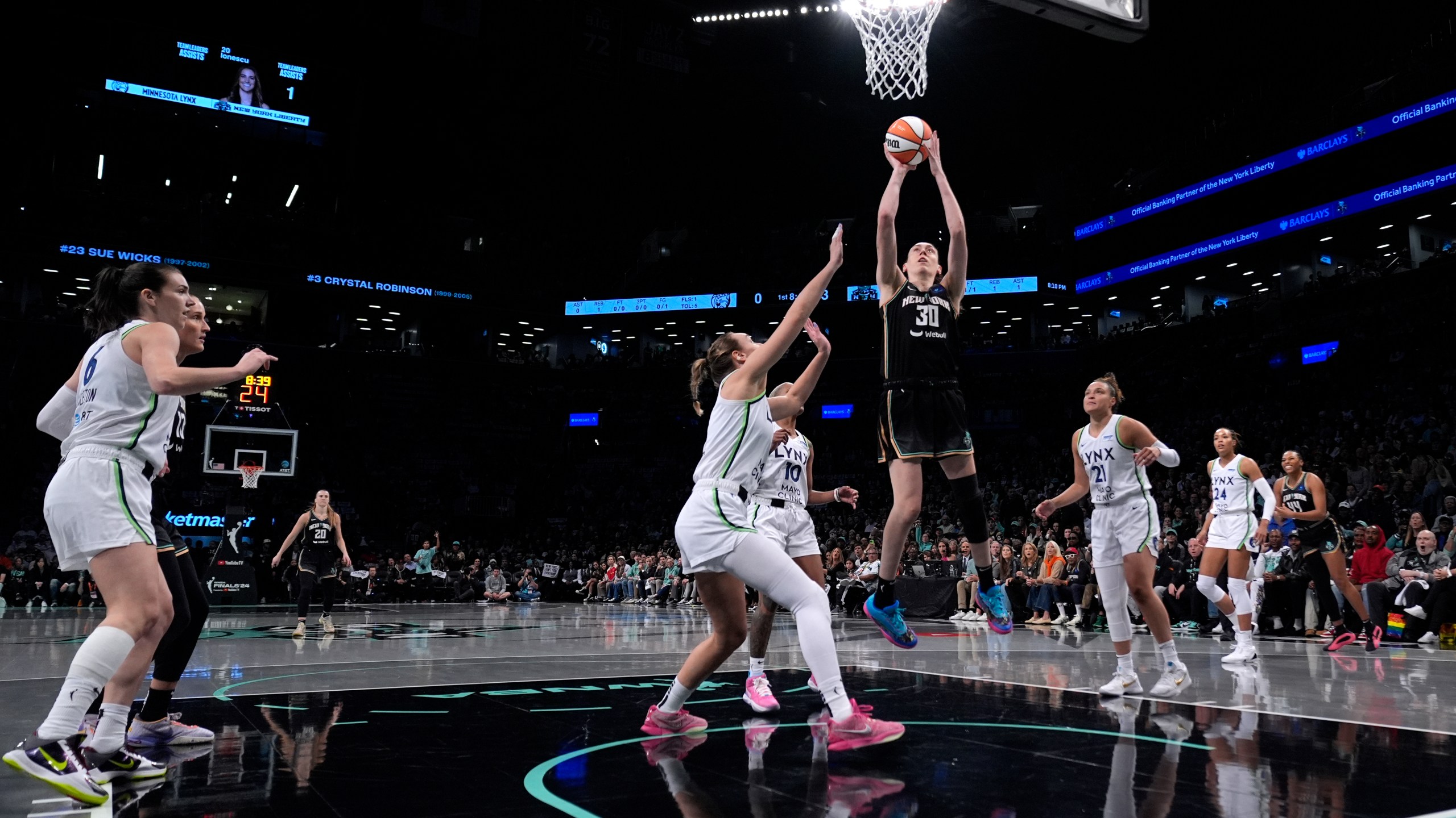 New York Liberty's Breanna Stewart shoots the ball during the first half in Game 1 of a WNBA basketball final playoff series against the Minnesota Lynx, Thursday, Oct. 10, 2024, in New York. (AP Photo/Pamela Smith)