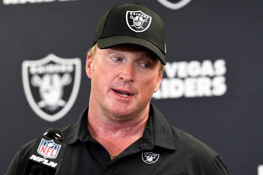 FILE - Las Vegas Raiders head coach Jon Gruden speaks with the media following an NFL football game against the Pittsburgh Steelers in Pittsburgh, Sept. 19, 2021. (AP Photo/Don Wright, File)