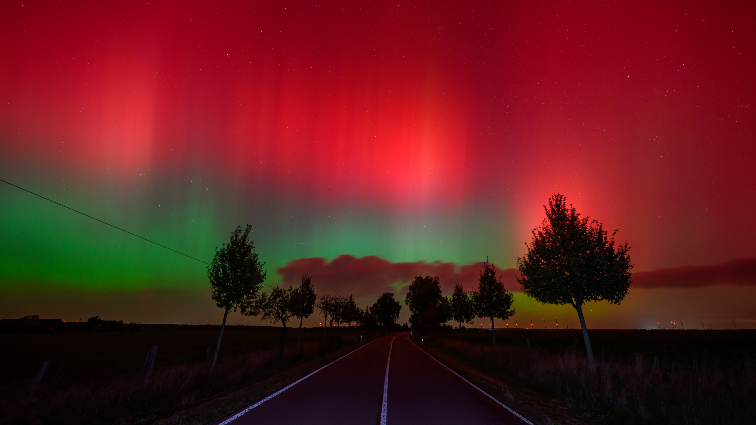 The Northern lights glow in the night sky above a road in Lietzen, eastern Germany. (Patrick Pleul/dpa via AP)