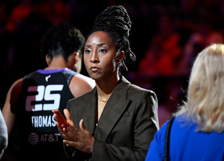 FILE - Connecticut Sun assistant coach Briann January at the start of a WNBA basketball semifinal game against the Minnesota Lynx, Oct. 4, 2024, in Uncasville, Conn. (AP Photo/Jessica Hill, File)