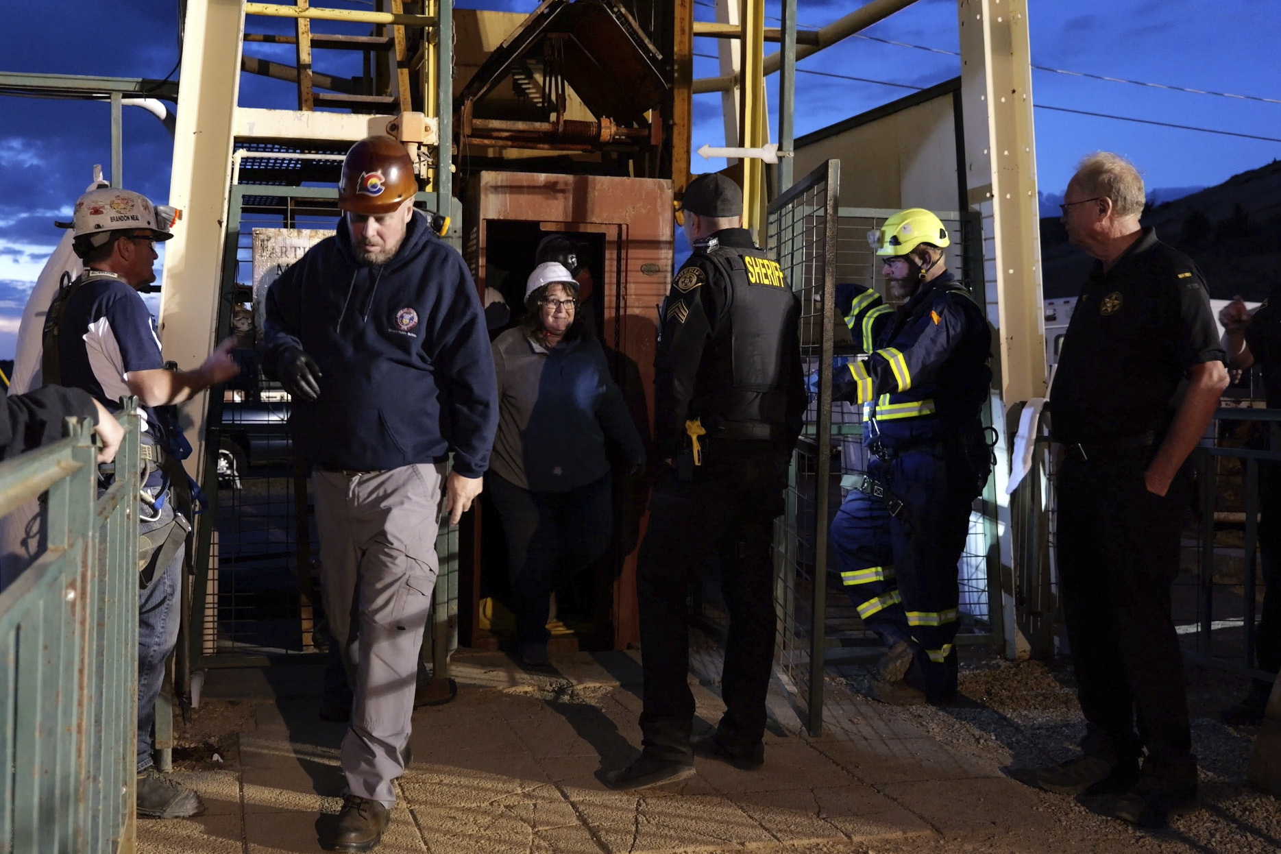 In this image made from video provided byTeller County Sheriff’s Office, emergency responders work at the site of a mining accident in Cripple Creek, Colo, on Thursday, Oct. 10, 2024.