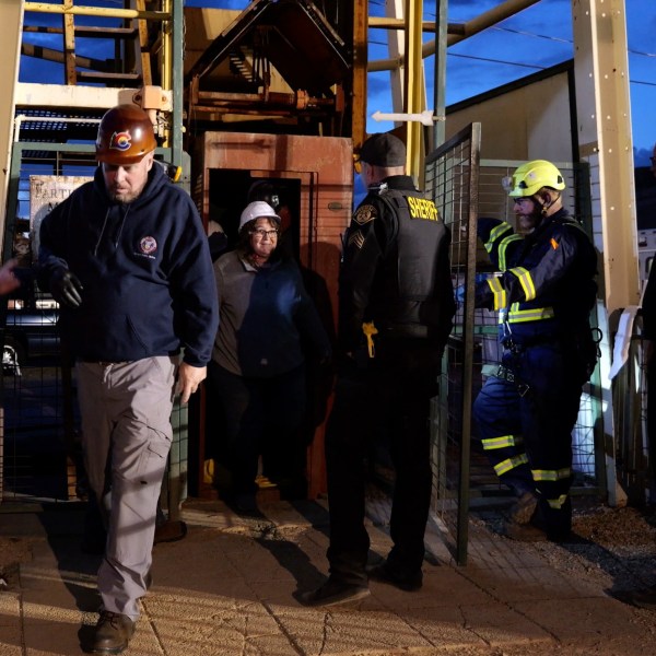 In this image made from video provided byTeller County Sheriff’s Office, emergency responders work at the site of a mining accident in Cripple Creek, Colo, on Thursday, Oct. 10, 2024.